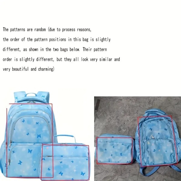 2-delad ryggsäck och lunchväska set, söt fjärilstryckt student ryggsäck, stor kapacitet ryggsäck lunchväska 2-delad set, mode student ryggsäck blue
