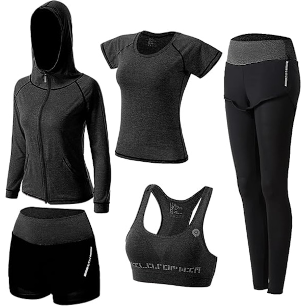 Yogadrakt for kvinner, 5 deler, treningssett, aktivtøy for kvinner, sport, yoga, treningsklær, dametreningsantrekk, sportsdrakter for løping, jogging, treningssenter black L