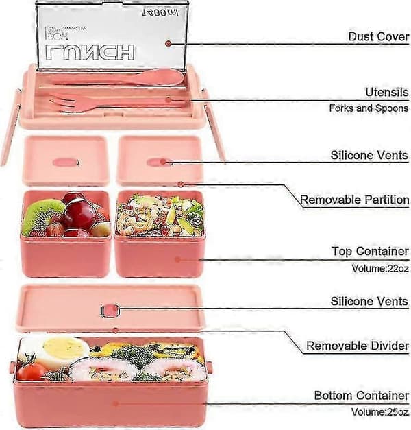Bento Boks Matboks for Voksne, 3-i-1 Stablebare Matbeholdere - Excellence pink
