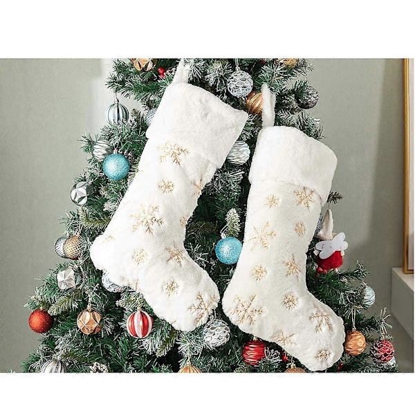 2 par Gull Julestrømper Fuskepels Gull Stor Snøfnugg Julestrømpe for Juletrepynt Ornamenter - Gull