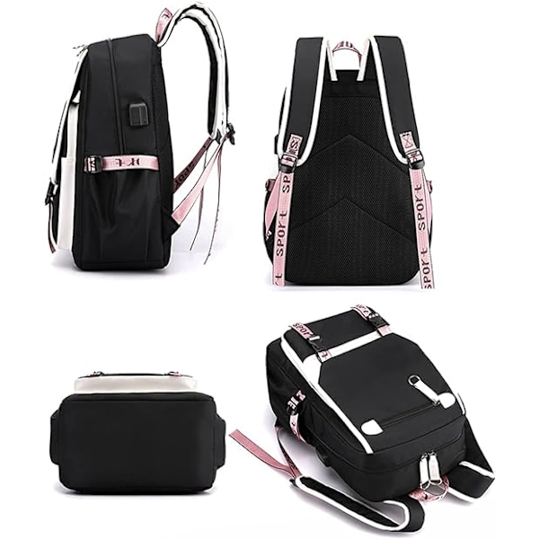 Teinityttöjen lukio-opiskelijan reppu, ulkoilureppu USB-latausportilla, 4# Pinkki Musta, 21 litraa negro