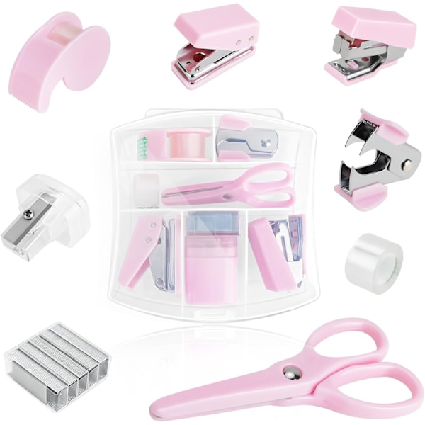 8 Piece Office Supplies Kit, Cute Desk Accessory Set, School Stapler Set Includes Stapler, Scissors,Hole Punch,Staple Remover,Tape Sitter,Small Tape