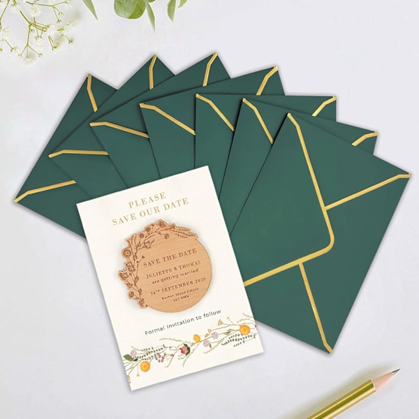 50 st Invitationskuvert 18,5 x 13,5 cm, Kuvert 5 x 7 tum V-Flik Brevkuvert Snabbförslutning Kuvert med Guld Kant för Gratulationskort Green