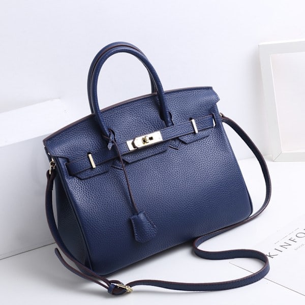 Handväska i läder för kvinnor, Tote-väska i första lagret av kohud, Pendlar-Crossbody-handväska Royal Blue No. 30 (30x17x22cm)