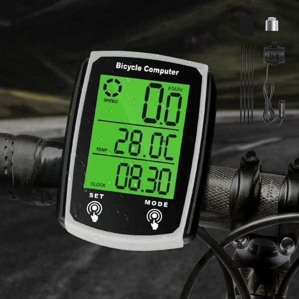 Cykelcomputer, 19 funktioner, IP65 vandtæt, med LED-baggrundsbelyst display, speedometer