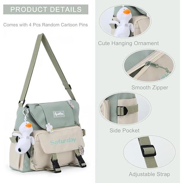 Sød Messenger Taske til Teenagere og Kvinder, Kawaii Messenger Tasker, Crossbody Skuldertaske med Pins og Vedhæng Verde