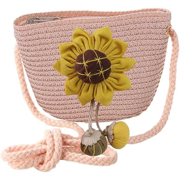 Strå Crossbody Taske med Solsikke Blomster Strå Skuldertasker til Børn til Strandferie Udendørs Aktiviteter