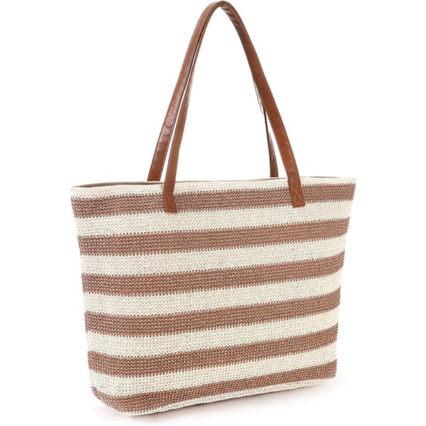 Sommer Strandtaske, Blød Boheme-stribet Tote Taske med Lynlås til Rejser, Fitnesscenter, Shopping og Picnic. Khaki