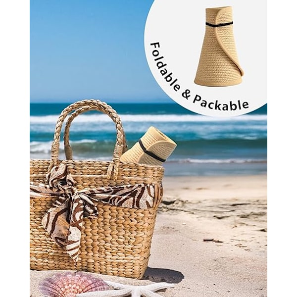 Damhatt med bred brätte i halm, hoprullbar sommarhatt för stranden, UV-skydd, hopfällbar solhatt för resor Beige