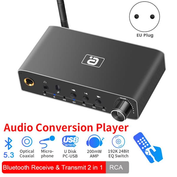 i 1 Bluetooth-sender mottaker optisk digital til analog koaksial lydkonverter hodetelefonforsterkeradapter - EU-plugg
