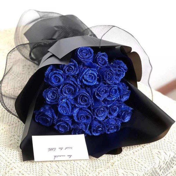 Glitter Rose Bukett Blå Kunstige Rose Blomster Bukett Evigvarende Skinnende Falske Roser Bukett Kjærlighetsgaver til Valentinsdag Gave, Jubileum Blå Blue