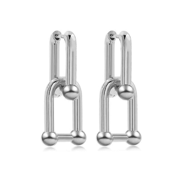 Kvinnor U-formade Pin Link Chain Örhängen Unik Chunky Ear Rings Gift Silver