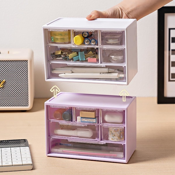 Liten Byrå för Skrivbord, Plastförvaringslådor, Mini Förvaringslåda, Transparent Förvaringstorn med 6 Lådor för Förvaring av Smådelar Purple