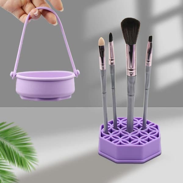 Makeupbørsterensebakke og -holder, bærbar silikonebørsterenser, lilla