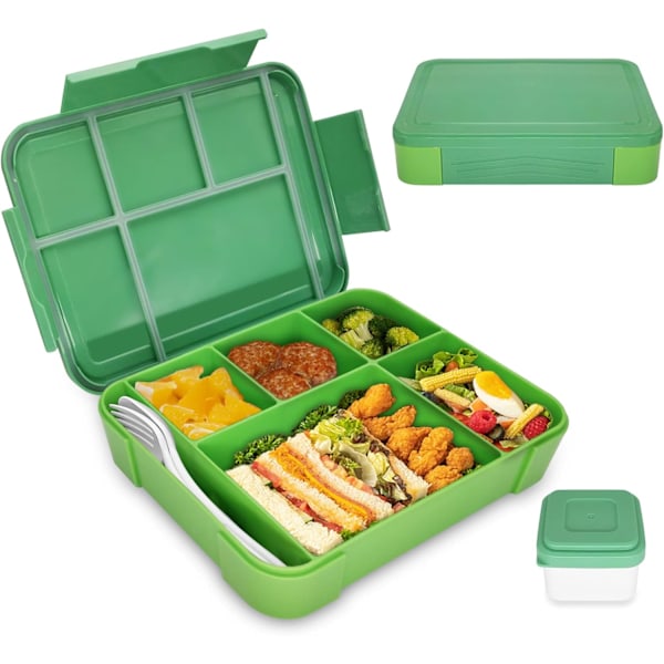 Bento Lunch Box til Børn, Bento Box Lunch Box til Voksne med 5 Rum og 2 Salatdressingsbeholdere Green