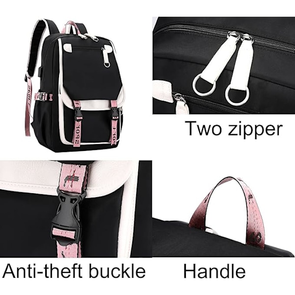 Teinityttöjen lukio-opiskelijan reppu, ulkoilureppu USB-latausportilla, 4# Pinkki Musta, 21 litraa azul