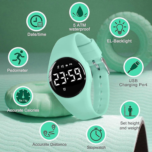 Barnklocka, Digital Klocka Kompatibel Med Pojkar Flickor, Sportklocka Med Fitness Tracker, Väckarklocka, Stoppur, Ingen App Och Vattentät, Klocka Kompatibel 13-LightGreen-F