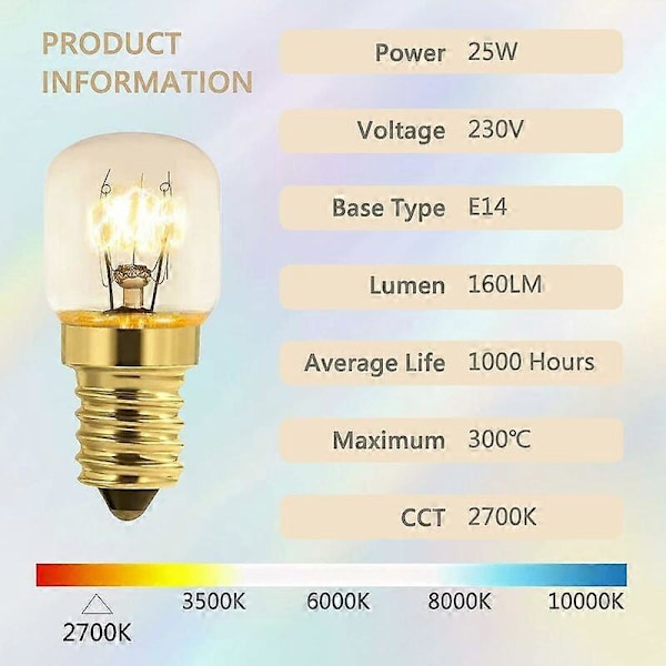 Set med 10 Saltlampa Glödlampor 25W E14 T22, Varmvit Glödlampa 2700K, 160LM, AC 230V, Ugnslampa 25w 300, För Ugn, Kylskåp, Saltlampa, Grillugnar