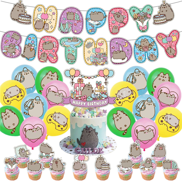 Pusheen-teemainen syntymäpäiväjuhlien ilmapallot banneri kakunkoristeet juhlakoristesetti