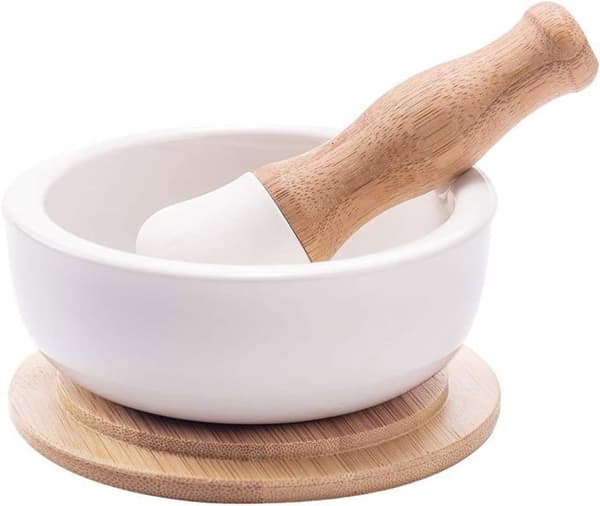 Morter- og støder-sæt i 18/8 rustfrit stål, krydderikværnskål, pilleknuser med låg
