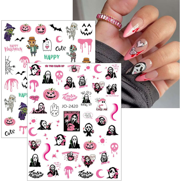 12 Ark Halloween Neglekunst Stickers Dekaler Selvklæbende Skalle Søde Gys Spøgelse Græskar Pink Negle Tilbehør Neglekunst Design