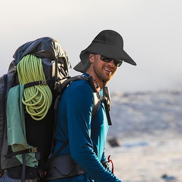 Solhat til kvinder, sommerhatte solhatte med nakkebeskyttelse, vandtæt strandhat UV-kasket med klap Negro