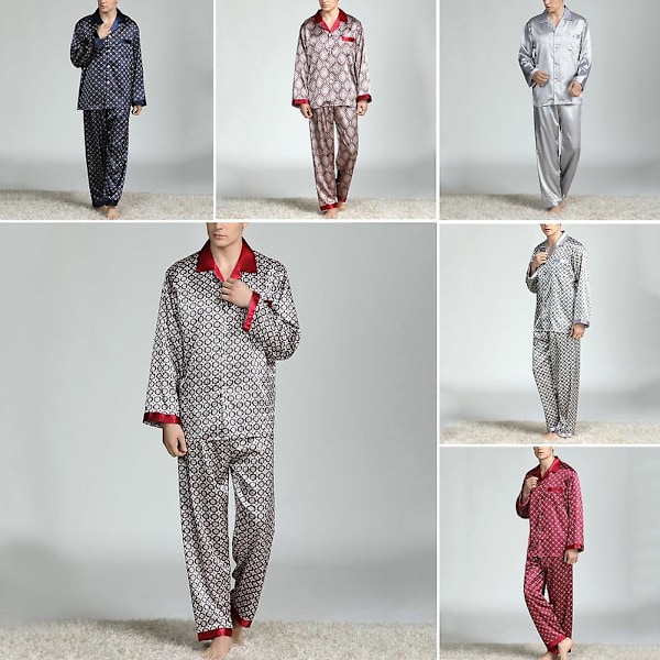 Herre Sommer Imitation Silke Pyjamas Sæt Print Skjorte Lange Bukser Nattøj Silver XXL