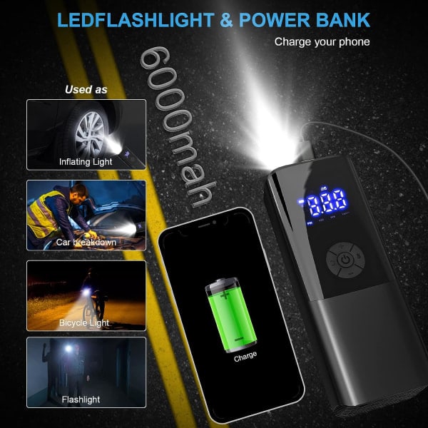 Batteridriven däckluftkompressor, 150 PSI automatisk avstängning, luftpump med LED-lampa, digital mätare för exakta tryckavläsningar, svart