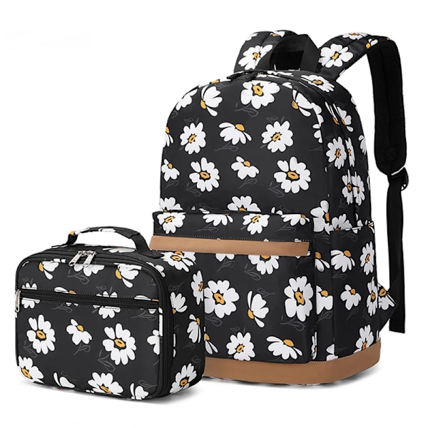 Daisy-kukkakoulureppu tytöille, lounaslaukkusetti, suuri tilavuus, kevyt, painettu kampusreppu Black