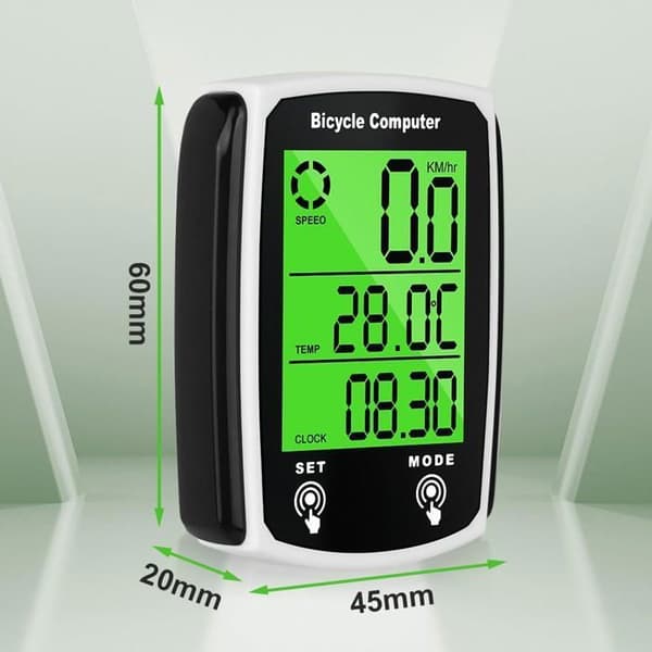 Cykelcomputer, 19 funktioner, IP65 vandtæt, med LED-baggrundsbelyst display, speedometer