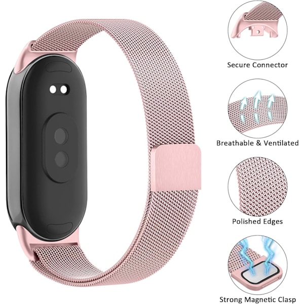 Rem til Xiaomi 8 Mænd Kvinder, Metal Rem til Xiaomi Mi Band 8 Magnetisk Rustfrit Stål Mesh Rem med Stærk Magnetisme Rose Powder