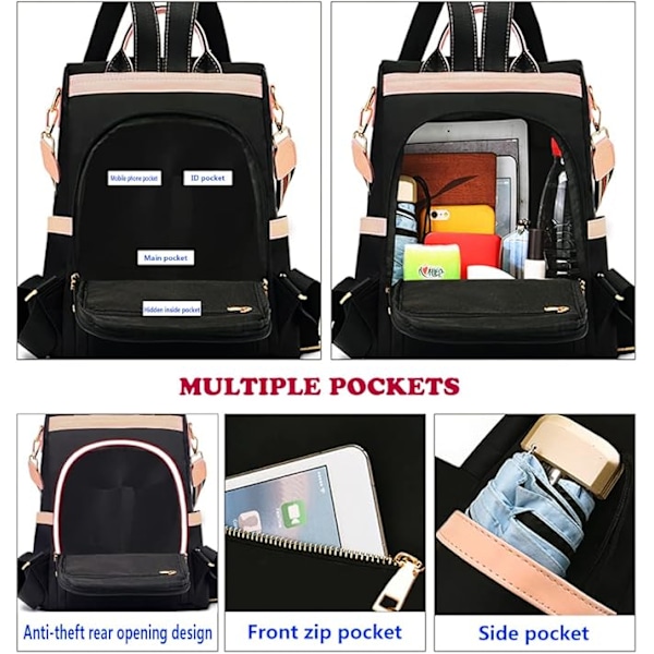Fashion Bag Stöldskydd Liten Ryggsäck Dam, Svarta Ryggsäckar Rese Messenger Väska Flickor Crossbody Väska Oxford Nylon Vattentät Casual Canvas Väskor