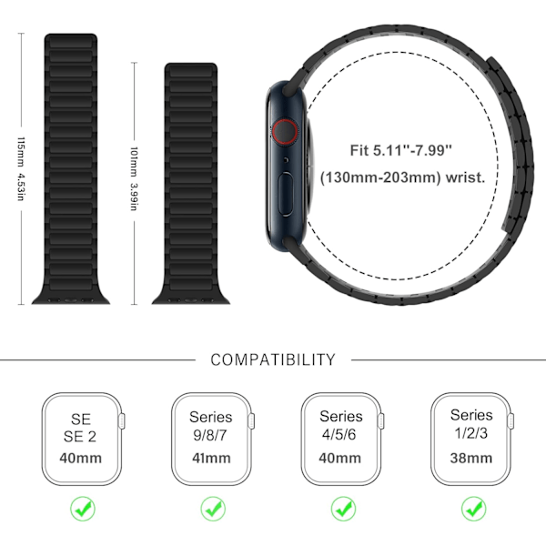 Magnetiske klokkereimer Kompatibel med Apple Watch Rem Myk Silikon Erstatningsreim Designet for iWatch Black 38/40/41mm