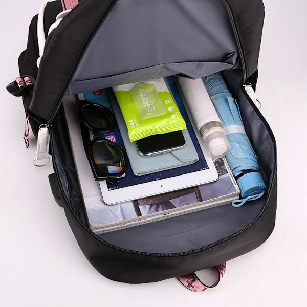Stor Skolerygsæk til Kvinder og Piger, Casual USB-opladning, Stitch-stil, Pink Multicolor