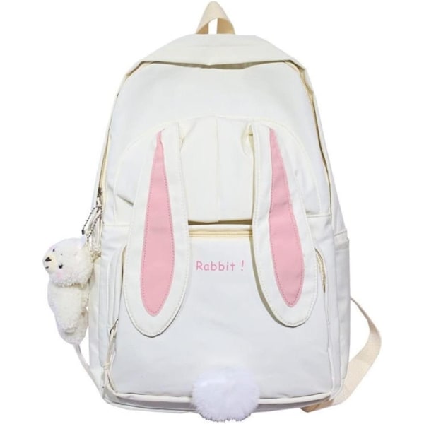 Kawaii Ryggsäck med Kaninöron och Söt Björnhänge för Flickor, Studenter, Tonåringar, Reseryggsäck (Vit)