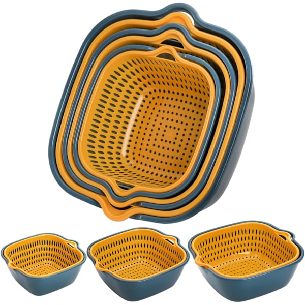 6 Pack 2-in-1 Drain Colander Bowl Set, Kitchen Fruit Washing Bowl and Straine for Food Vegetables Cleaning Washing