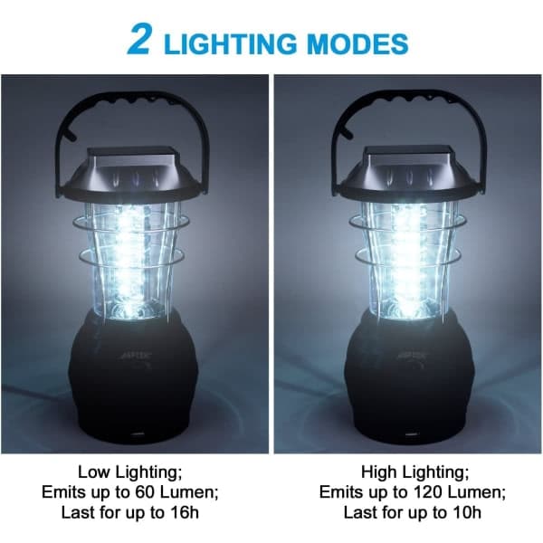 IC Solarlykt, Ultralys LED Campinglykt, 2 Justerbare Lysmoduser, 5 Lademetoder, med Håndsveivdynamo, Lang