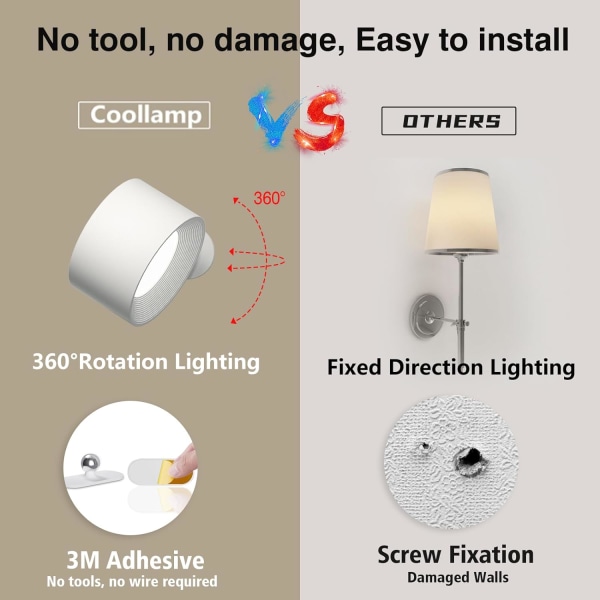 Batteridriven vägglampa, 360° justerbar belysning inomhus vägglampa, 3 färglägen, 3 ljusstyrkenivåer touch-kontroll White