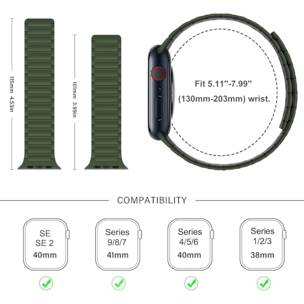 Magnetiska klockarmband kompatibla med Apple Watch-armband Mjukt silikonersättningsband designat för iWatch Green Black 42/44/45/49mm