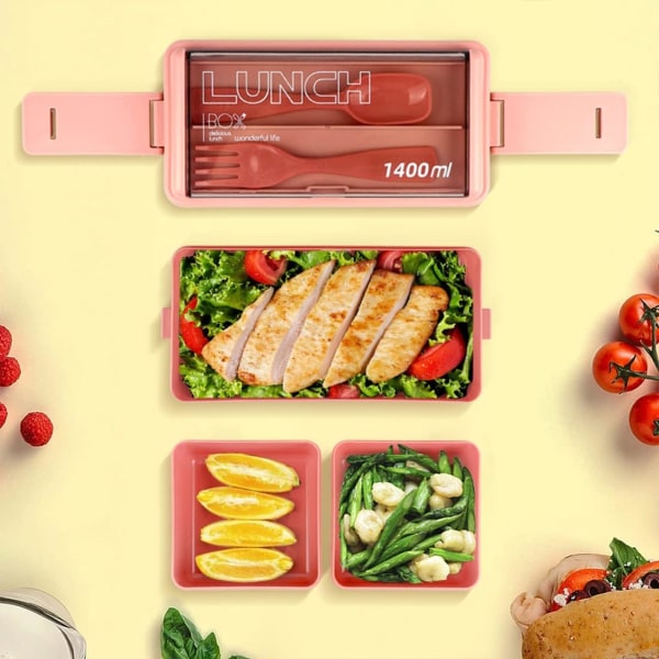 Aikuisten Lounasrasia, 49OZ Bento-laatikko Pinottava, Vuotamaton Aikuisten Bento-laatikko Irrotettavilla Osastoilla, Bento-laatikko Lounasrasia Pink