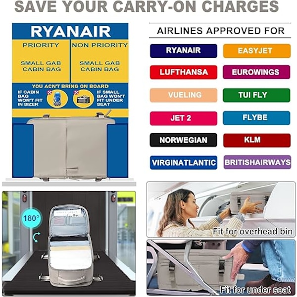 Ryanair Dame Reisevesker Håndbagasje Flyreise Koffert Kabin 45x36x20 Laptop Ryggsekk med USB-kabel Carmelo Kabin Ryggsekk for Par Purple