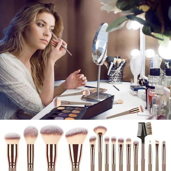Sæt med 15 makeupbørster, til foundation, blending, pudder, blush, concealer og mere