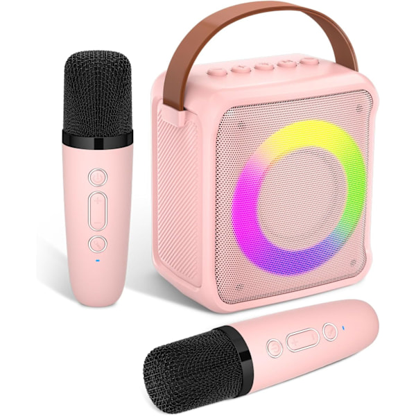 Karaoke Legetøj til Børn & Voksne med Mikrofoner, Maskine med LED Lys og Stemmeændrende Effekter, Gaver til Børn Pink 2 Mic