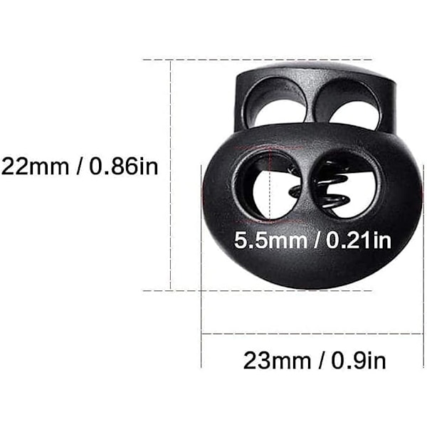 20 Pakk Fjær-Snørestopper for Trekksnorer, Svarte Plast Dobbelthull Snøreender Festespenner Oval Toggle Stopper Glidebrytere