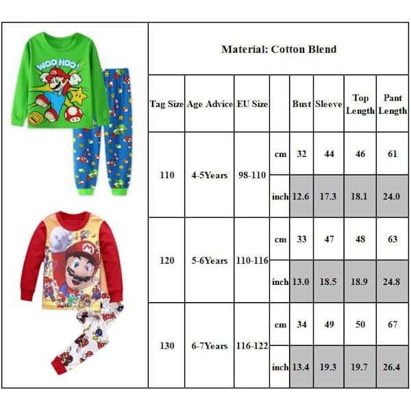 Barnpyjamas Super Mario Långärmad Topp och Byxor Set 110cm 110cm