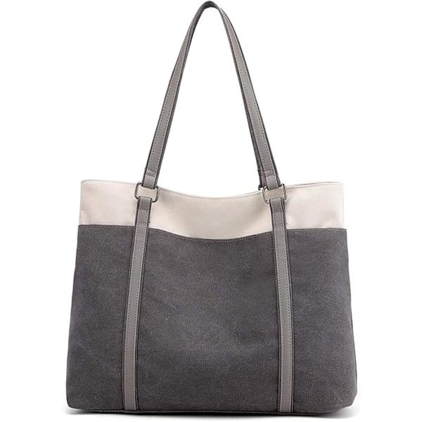 Stor Canvas Tote Bag för Kvinnor, Axelväska för Resor, Arbete, Flera Fickor Gris