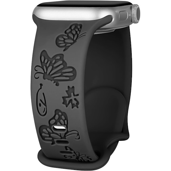 Blomstergravert Rem for Apple Watch-reimer Kvinner Dameklokke Rem, Silikon Søt Blomst Sommerfugl Sportbånd for Apple Watch-serie Coal Black 42/44/45mm