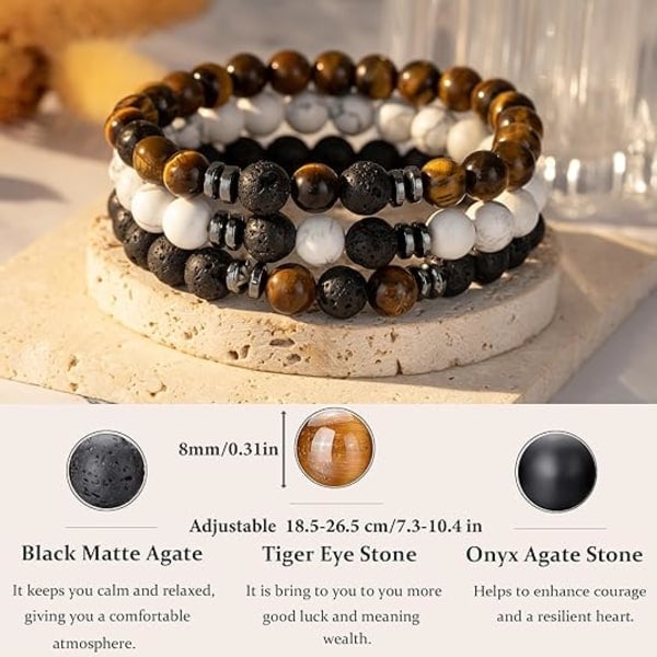 Herrearmbånd med perler, Tigerøye, 8mm, Natursteinperler, Justerbart stretch armbåndsett