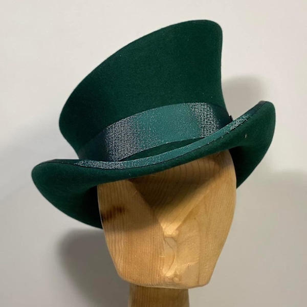 Asymmetrisk Tophat i Uld - Dame, Herre, Unisex - Steam Punk Hat - Tophat med Modebånd - Dekorativ Hat til Mænd - yu Green One Size