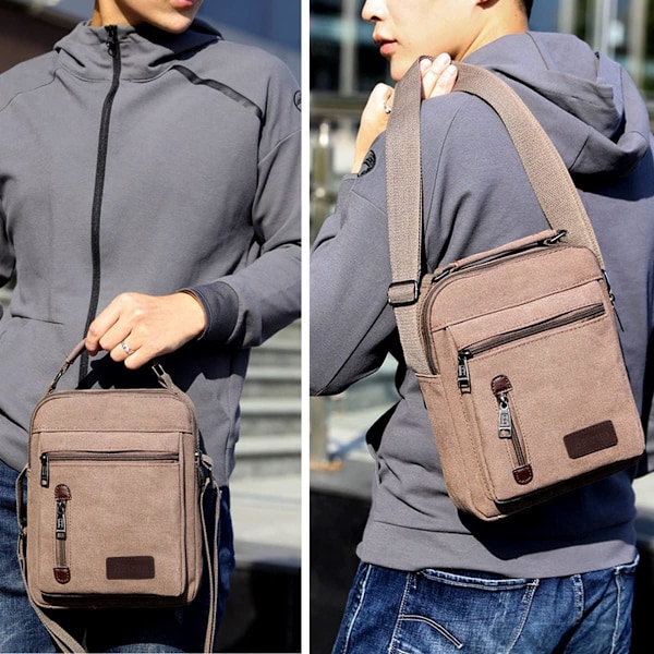 Små Crossbody Axelväskor för Resor Messenger Väska Canvas Telefonväska Herrhandväska med Flera Fickor för Arbete Vandring